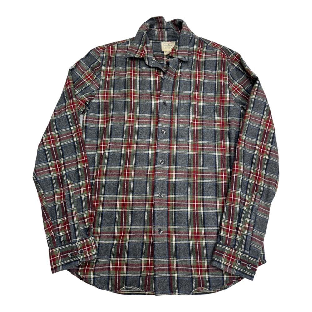 LL Bean Flannel Shirt Mens Medium Slim Fit Grey Red Plaid Button Down 510590